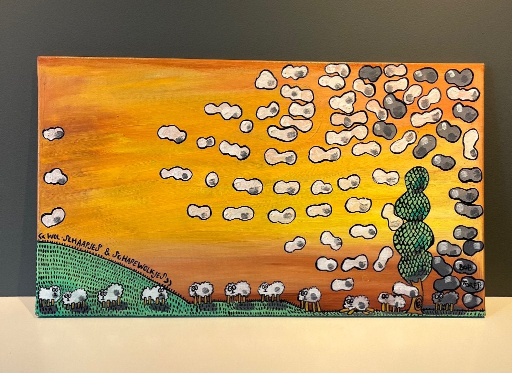 Origineel Schilderij Bob Torfs”Wol-schaapjes & Schapewolkjes, Ophalen, Gesigneerd
