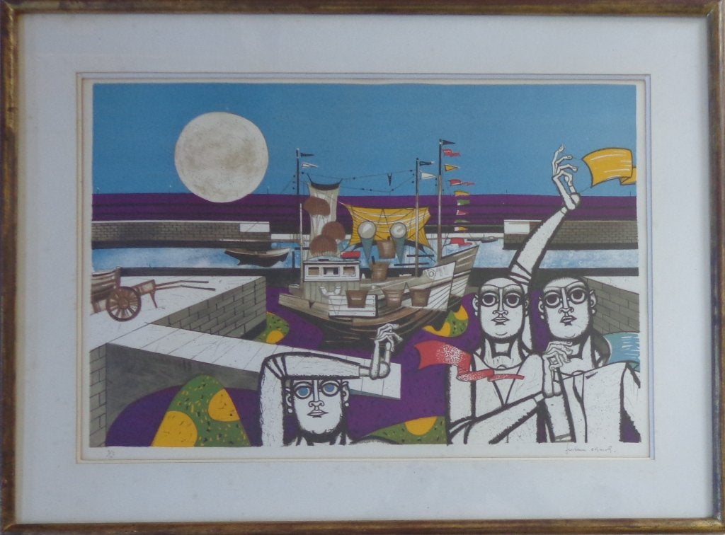 GUSTAVE CAMUS / HAVENZICHT / KLEURLITHO / 59x79cm / KADER, Enlèvement