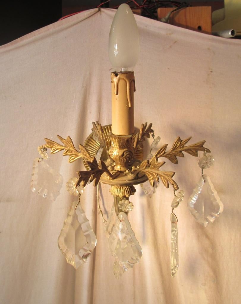 Mooi Antieke Wandlamp in koper en glazen belletjes, Antiek en Kunst, Ophalen of Verzenden