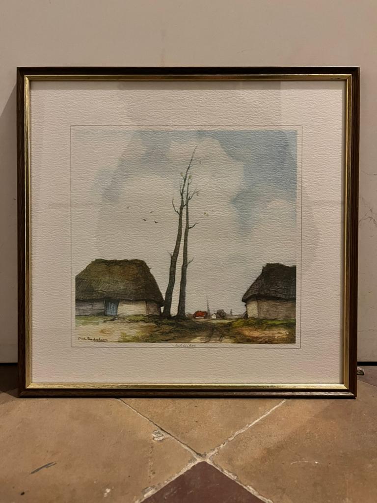 Rustieke schilderij schets boerderij in houten kader, Ophalen