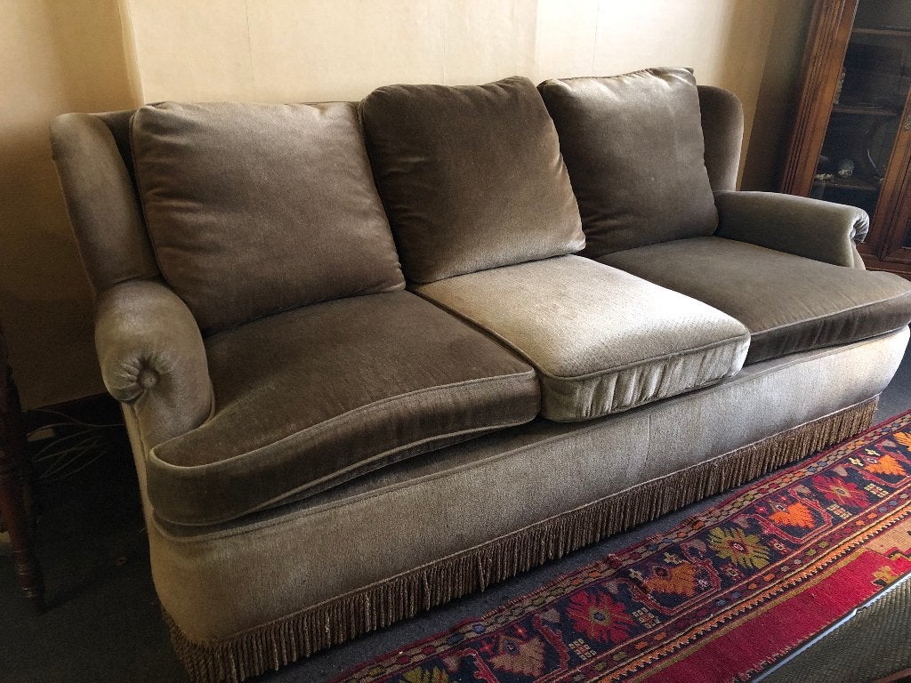 Magnifique salon en velours kaki  3 places, 2 places et pouf, Maison & Meubles, Enlèvement, Comme neuf, Klassiek
