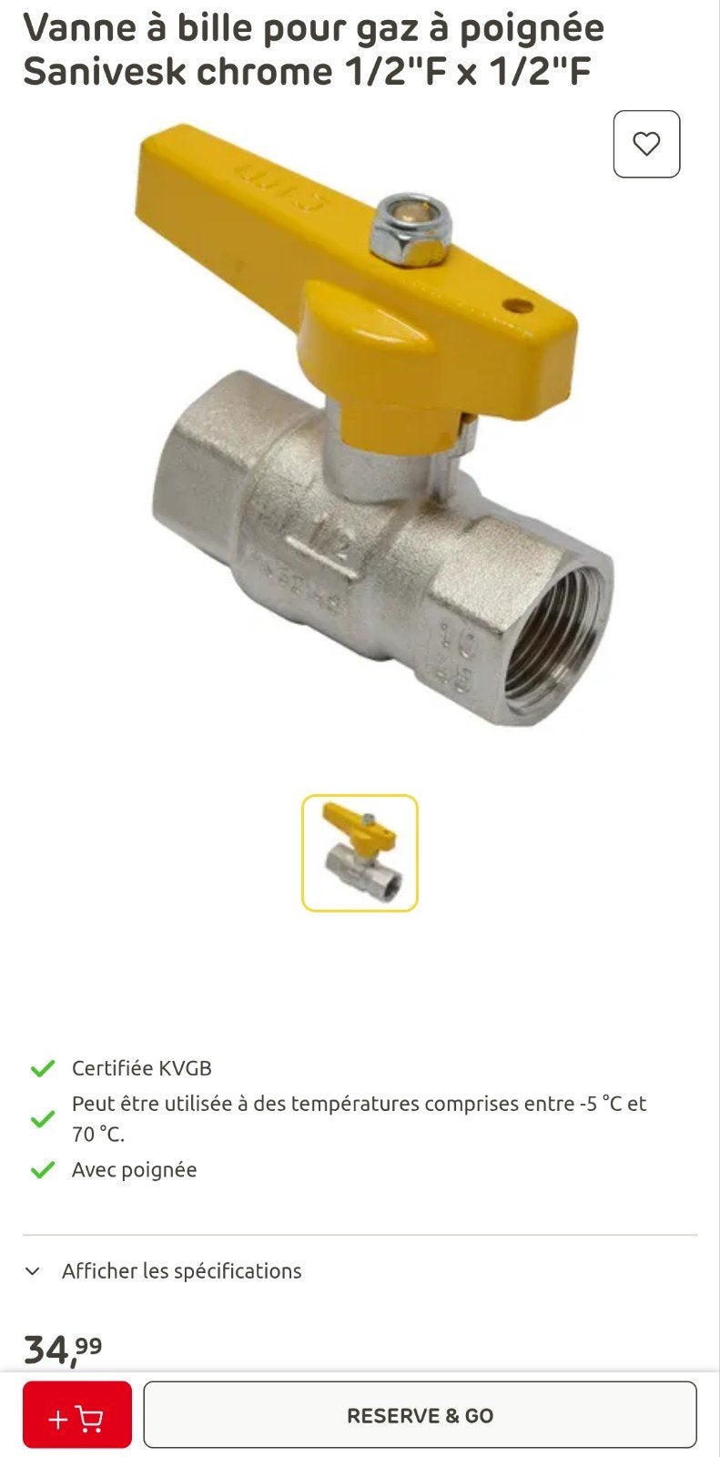 Vanne à bille pour gaz à poignée chrome 1/2"1/2 a saisir️↙️, Bricolage & Construction, Enlèvement, Comme neuf, Chrome, Autres types