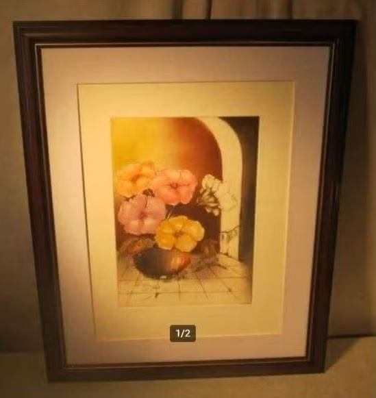 Belle lithographie « Fleurs en pot » - signée - 55x45, Antiquités & Art, Numéroté, Enlèvement ou Envoi, Autres sujets, Lithographie