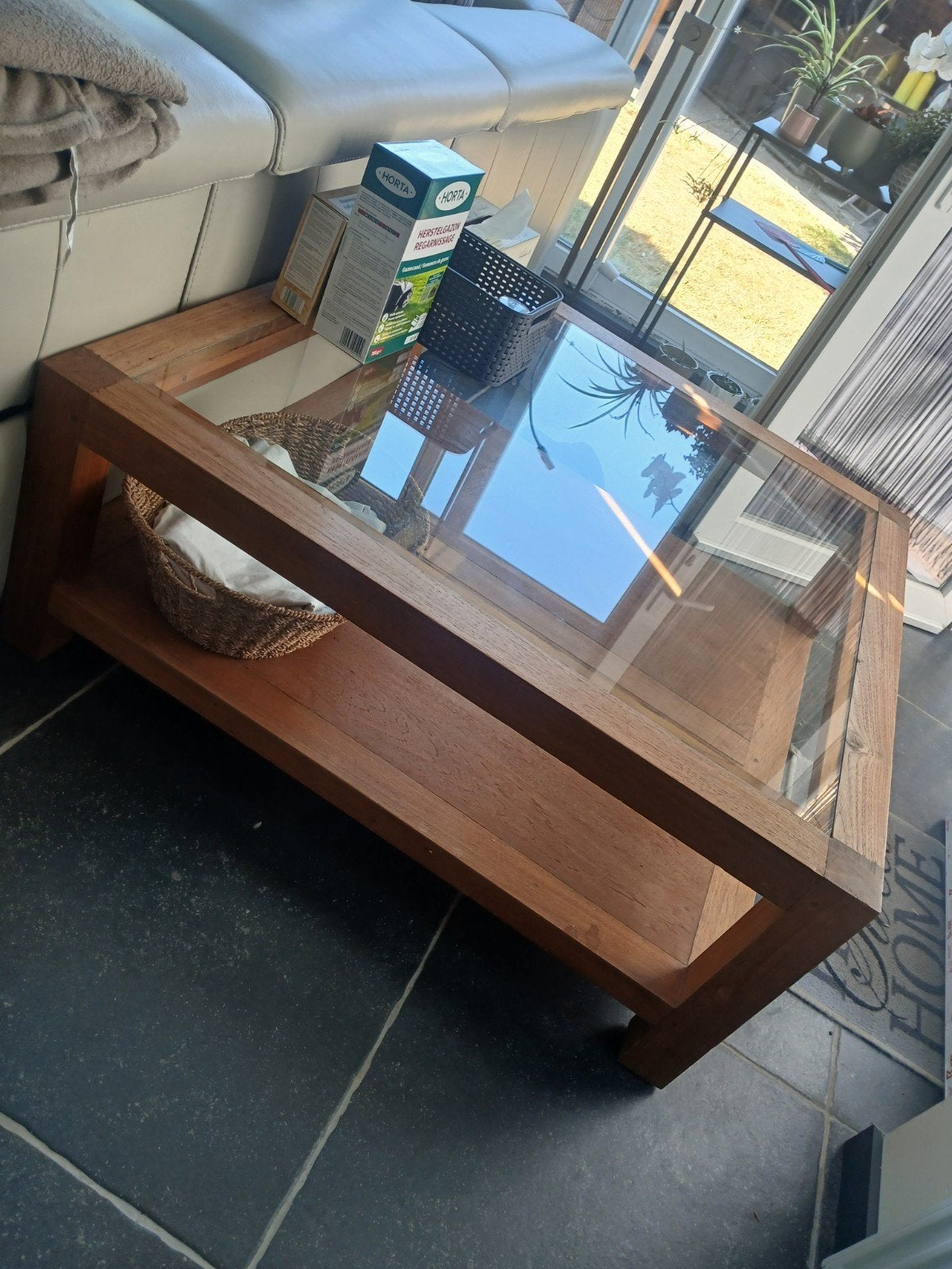 Teaken tafel 110x110 met glazen blad, Teck, 100 à 150 cm, Carré, Enlèvement