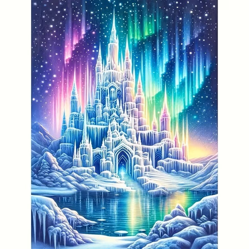 50x40cm Diamond Painting kasteel noorderlicht (rond) nr 87, Hobby en Vrije tijd, Fantasie, Verzenden, Nieuw, Meerkleurig