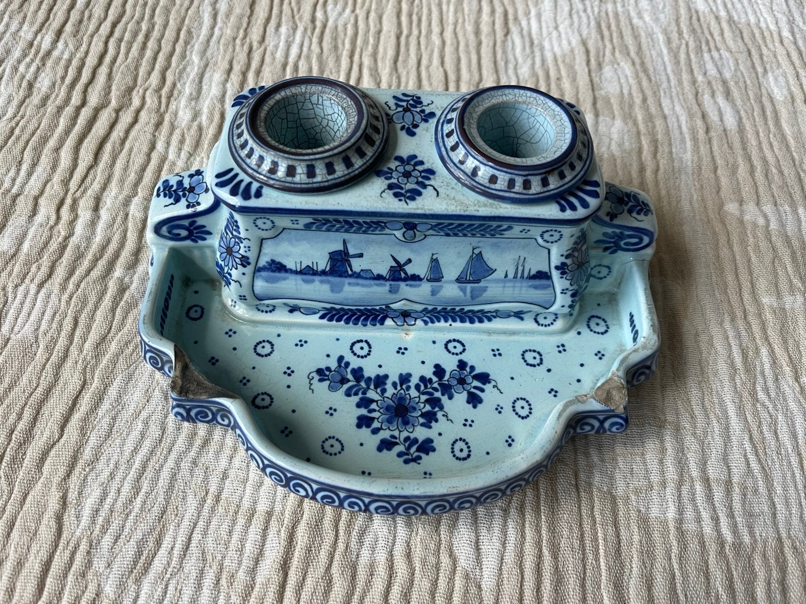 Ancien encrier double en faïence de Delft – complet, Antiquités & Art, Enlèvement ou Envoi
