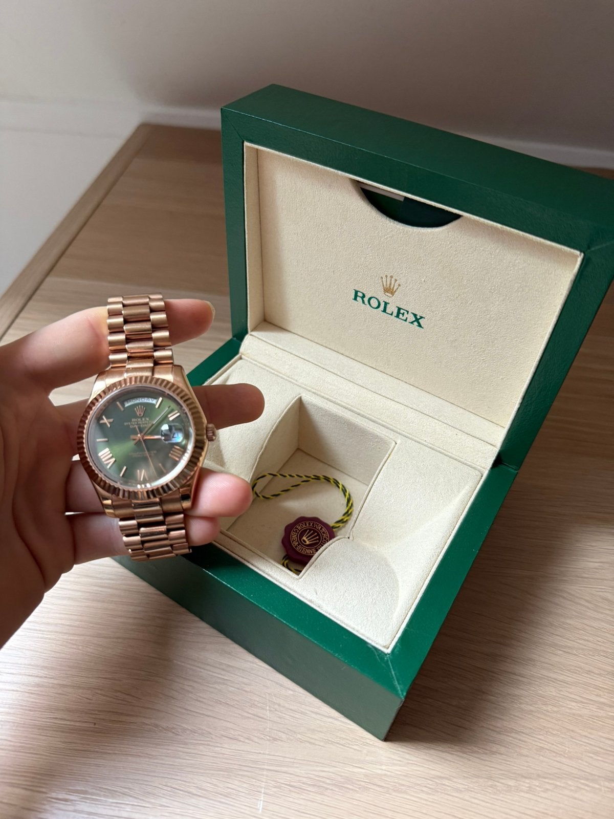 Rolex day-date rosegoud alle toebehoren, Bijoux, Sacs & Beauté, Enlèvement, Comme neuf, Or, Rolex