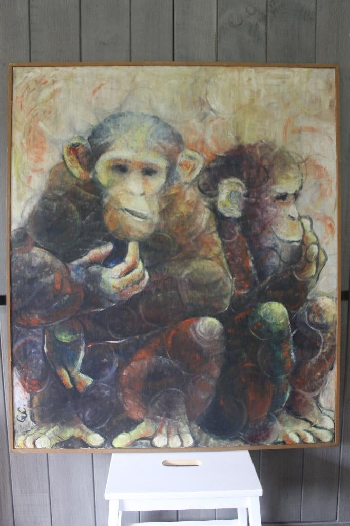 GVC - Prachtig apen schilderij 87x102 Chimpansees, Antiek en Kunst, Ophalen