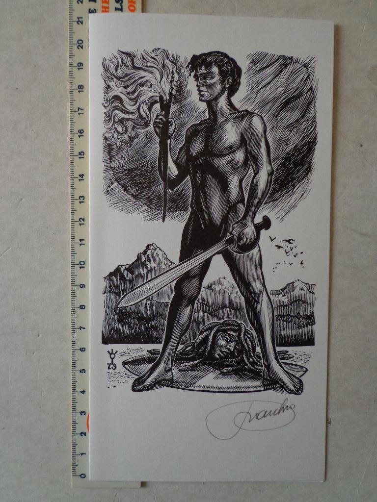 houtgravure Frank-Ivo Van Damme Naakte man met zwaard, 1950 - 1999, Portret, Ophalen of Verzenden, Houtsnede