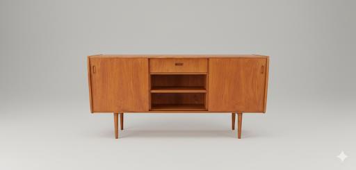 Buffet de design danois avec pieds coniques (« broche »), Teck, Avec tablette(s), Enlèvement ou Envoi, 150 à 200 cm