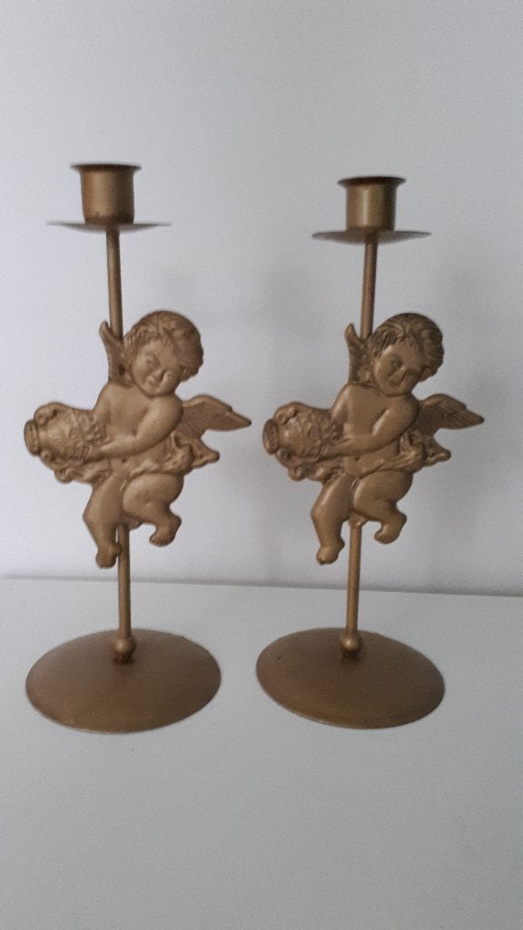 Kerstdecoratie / kandelaars goudkleurig / engeltjes, Ophalen, Gebruikt