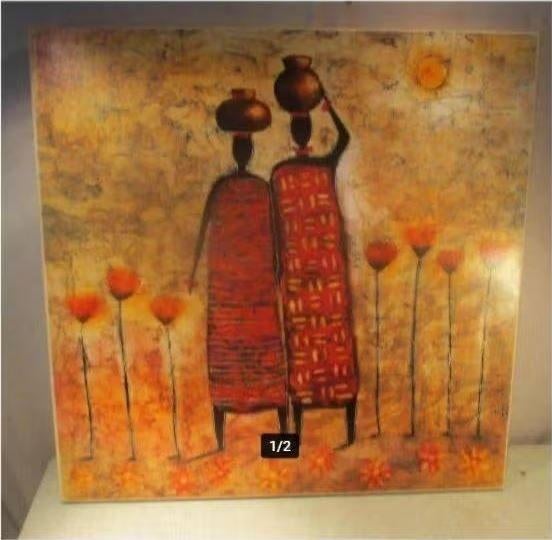 Mooi Afrikaanse Artprint - Vrouwen met potten' - 70x70, Ophalen of Verzenden, Zo goed als nieuw, Print, Oorspronkelijke maker