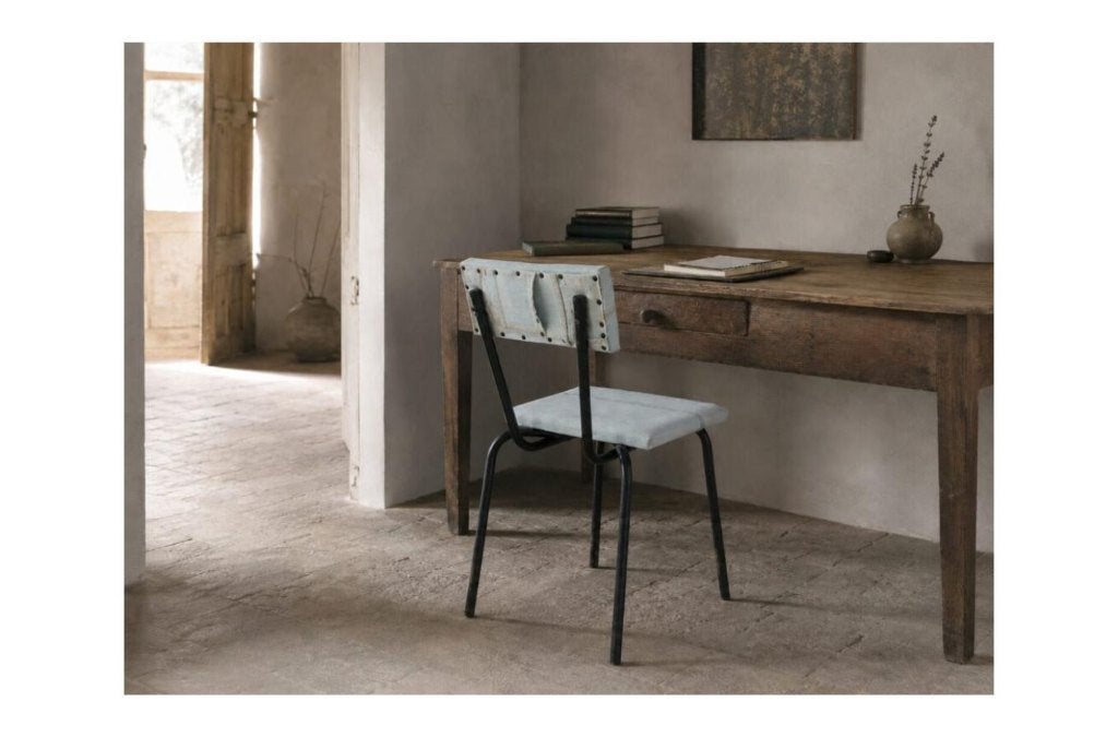 Custom made vintage stoel met denim bekleding, Huis en Inrichting, Stoelen, Ophalen, Gebruikt, Industrieel, Vintage, Upcycled, Eclectisch