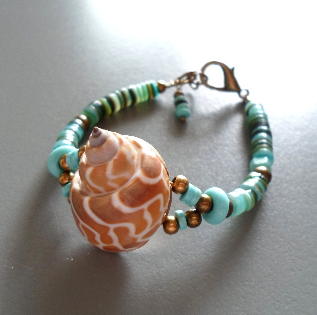 Indiaanse damesarmband met turquoise schelpen ringen, Overige materialen, Met bedels of kralen, Blauw, Nieuw