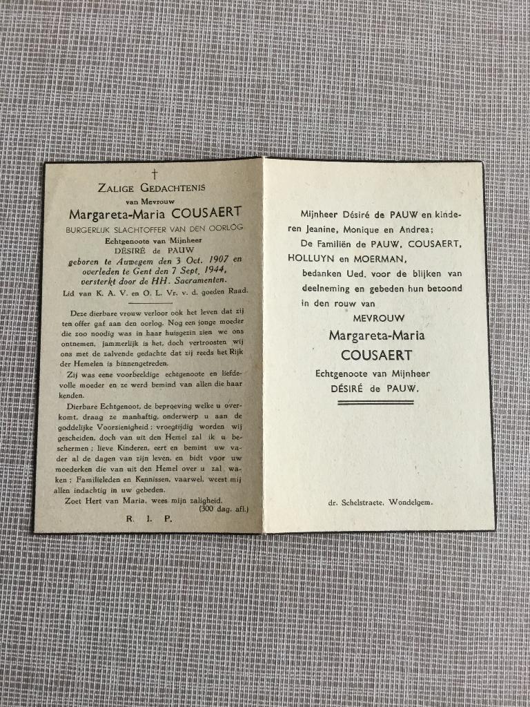 Oorlogsslachtoffer M.Cousaert Ouwegem +Gent 1944, Verzamelen, Verzenden, Bidprentje