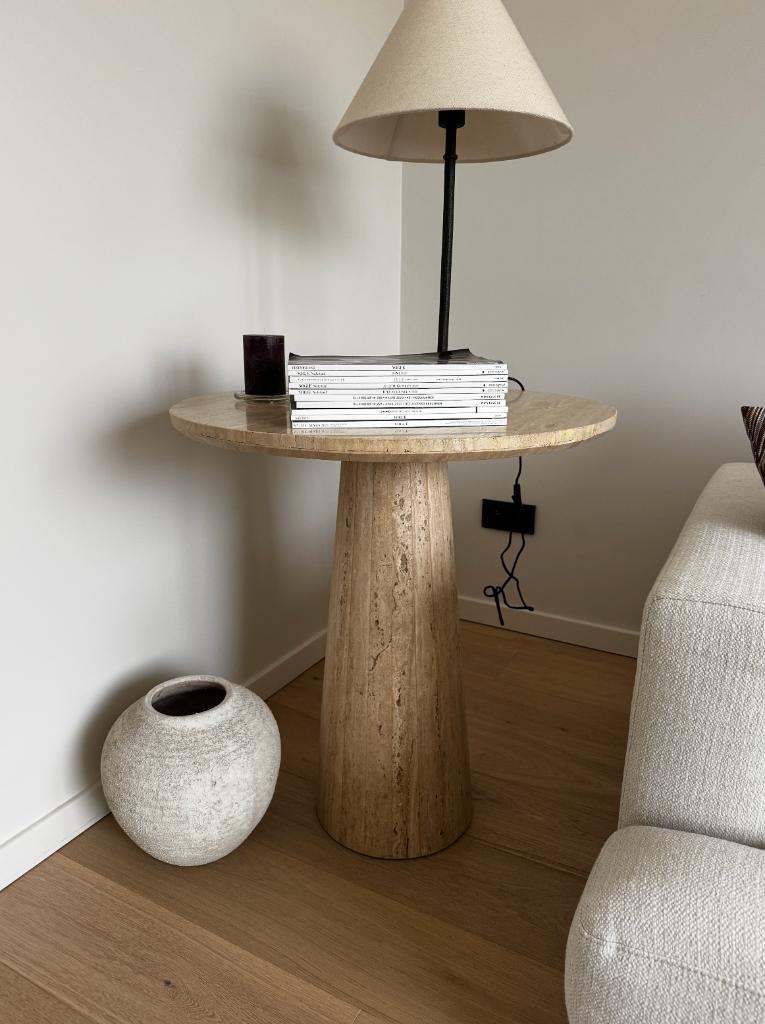 Ronde bijzettafel in travertin, 55 à 75 cm, Rond, Comme neuf, Enlèvement