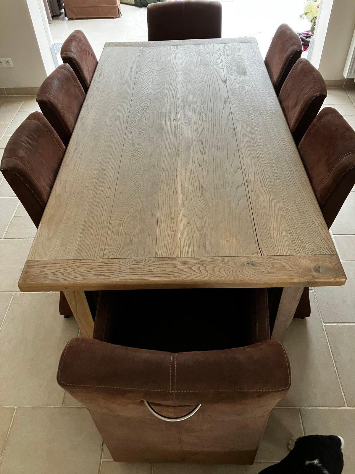 Landelijke Vol-eiken eettafel met stoelen, Huis en Inrichting, Ophalen, Zo goed als nieuw