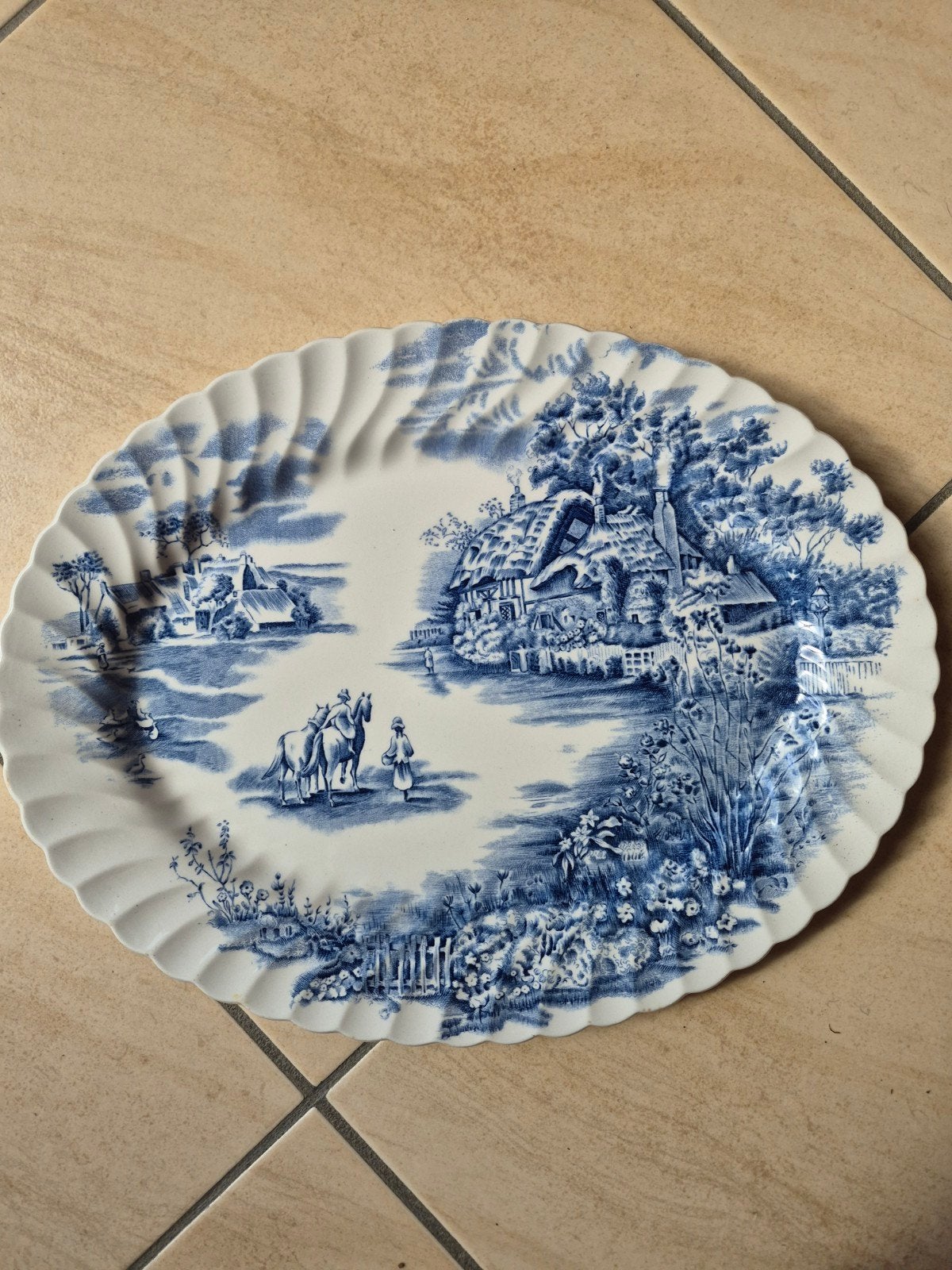 Vintage blauwe ovale serveerschaal, Antiek en Kunst, Ophalen