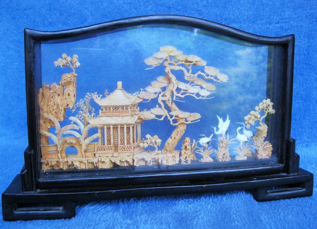 Mooi Chinees handgesneden kurk diarama - Hout, kurk glas., Antiek en Kunst, Ophalen, Glas