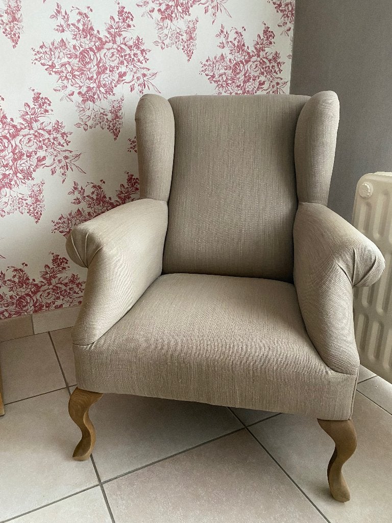 Flamant vleugelstoel - Beige/taupe stof, Ophalen, Zo goed als nieuw, Hout