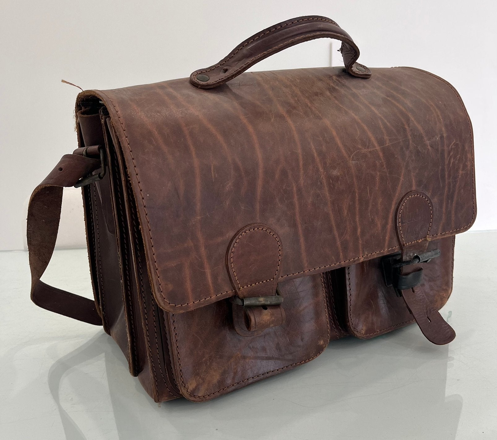 Vintage leren boekentas - merk: Lucky Age, Ophalen, Gebruikt, Leer