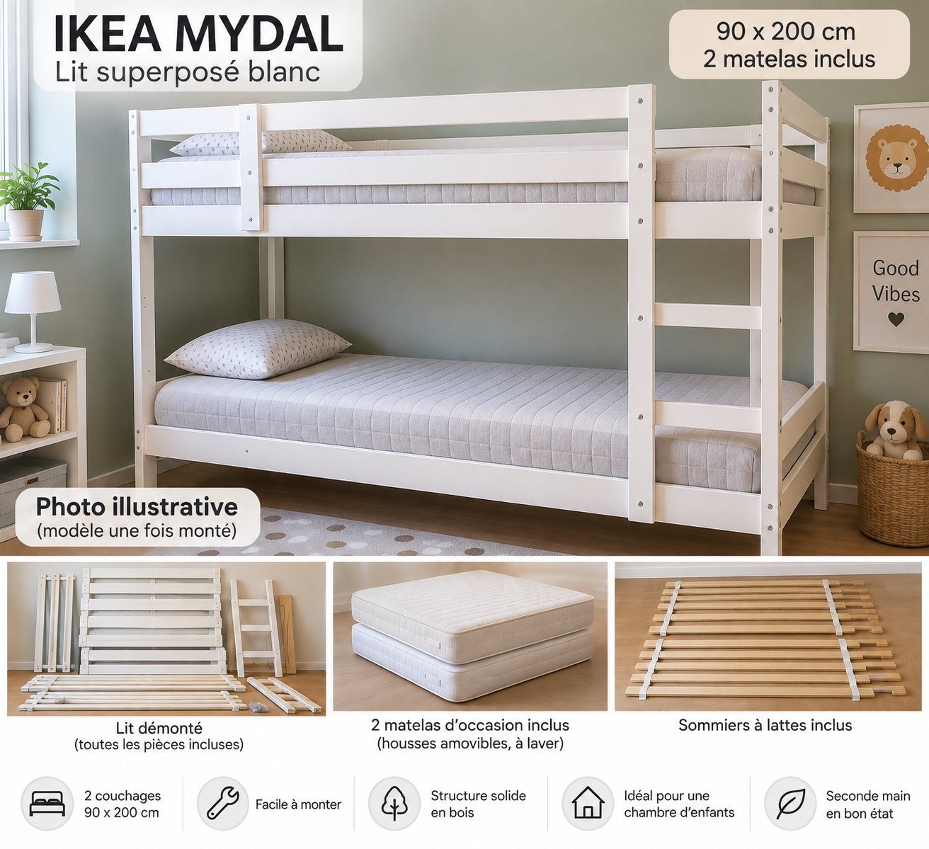 Lit superposé IKEA MYDAL blanc 90x200 + 2 matelas, Enlèvement, Utilisé, Lits superposés