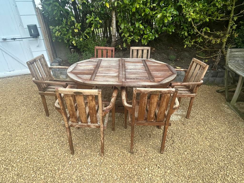 Table et 6 chaises teck Royal Harrow, Ophalen, Gebruikt, Hout, 6 zitplaatsen