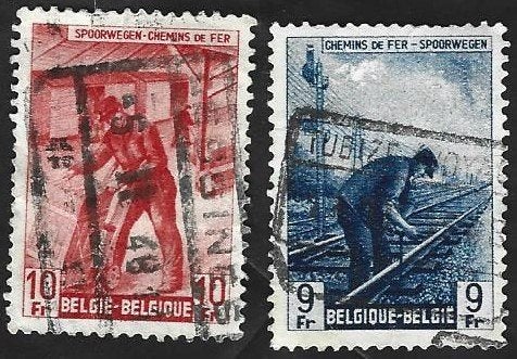 2 Postzegels Spoorwegarbeider België 1946, Postzegels en Munten, Frankeerzegel, Ophalen of Verzenden, Gestempeld, Treinen