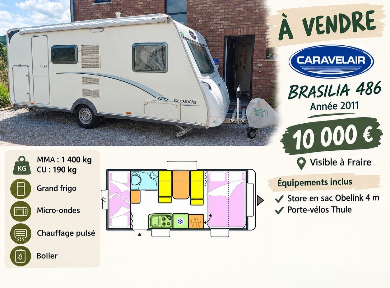 Caravane caravelair Brasilia 486 - 6 couchages- 2011, 6 à 7 mètres, Lit transversal, Jusqu'à 6, Porte-vélos