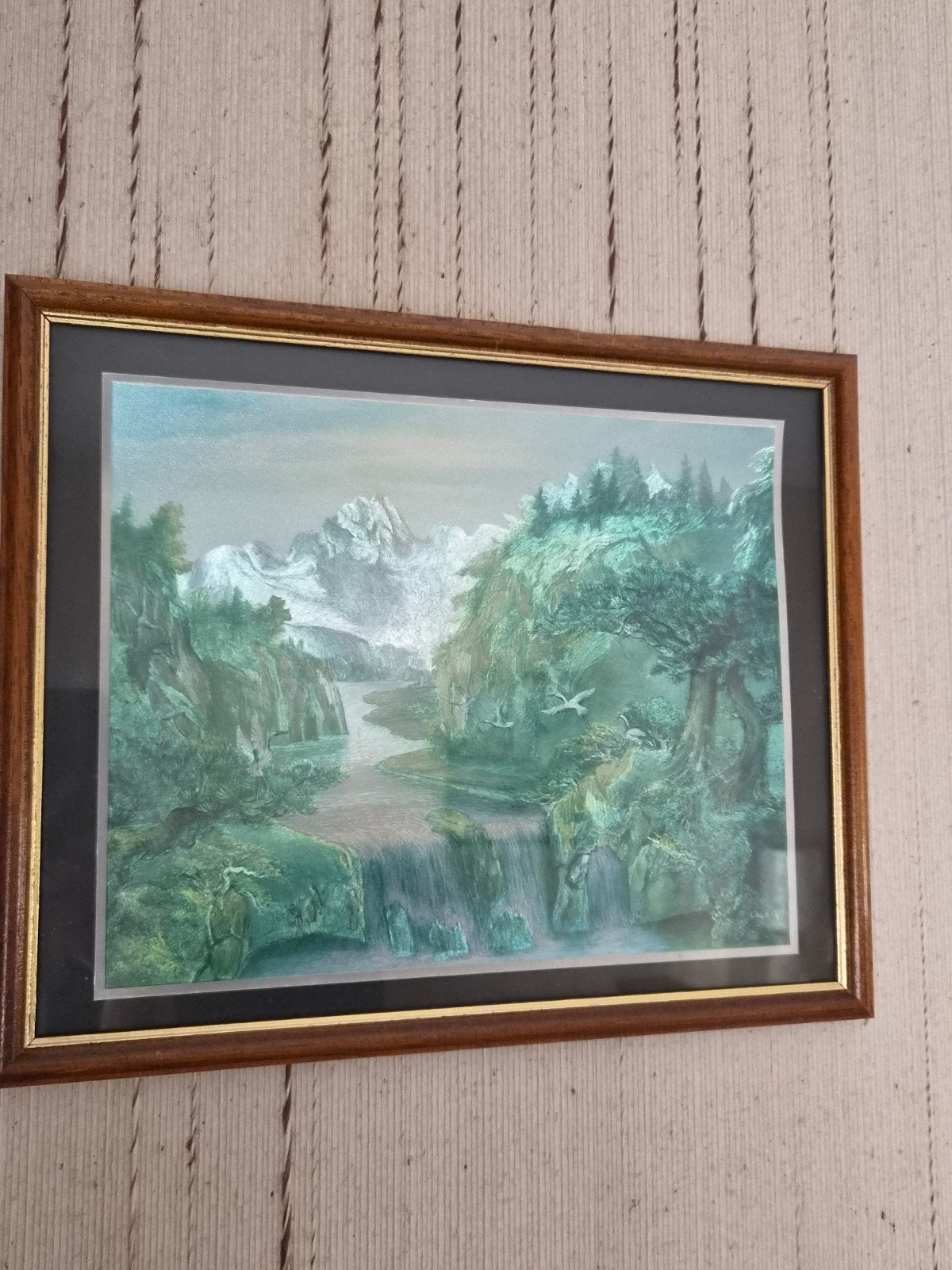 Paire de Tableaux Vintage Foil Art (1991)-Canards & Cascade, Enlèvement, Vintage, Signé, Paysage