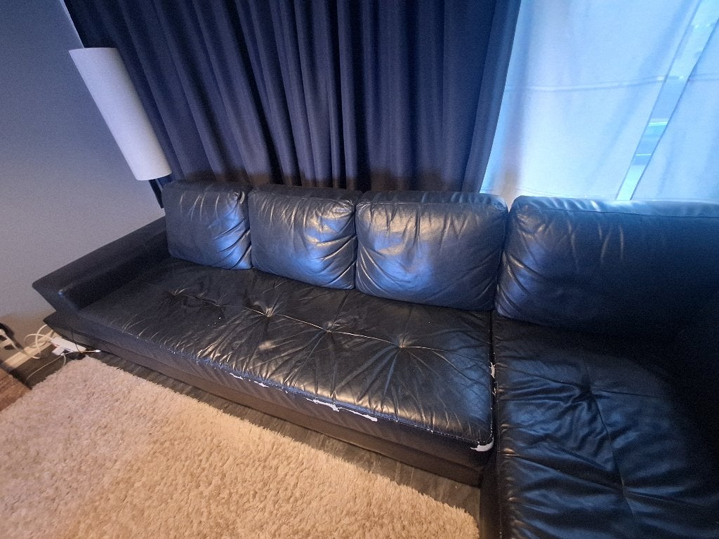 Zwarte leren zetel. Gratis, Huis en Inrichting, Ophalen, Gebruikt, Hoekbank, 300 cm of meer