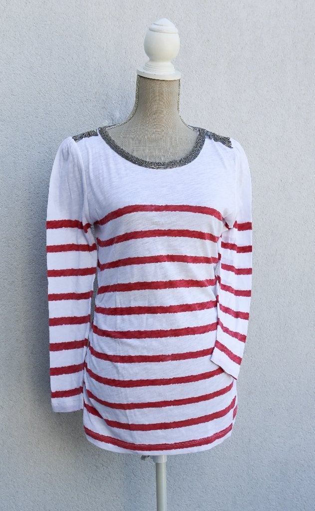 Joli haut comme neuf ligné avec perles - Bande Originale T36, Rouge, Enlèvement ou Envoi, Taille 36 (S), Comme neuf