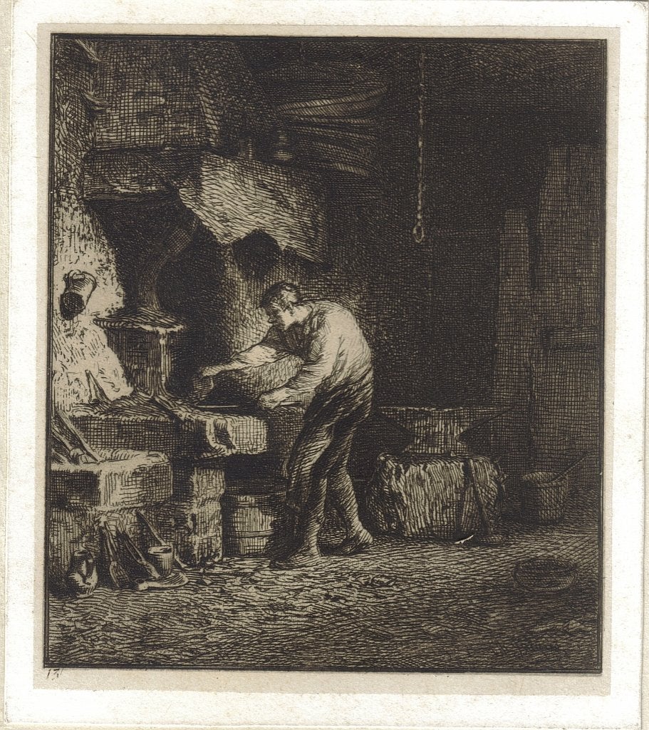 Charles Jacque ets "Forgeron" 2 stuks, staten voor de letter, Eau-forte, 1800 - 1899, Double gravure, Enlèvement