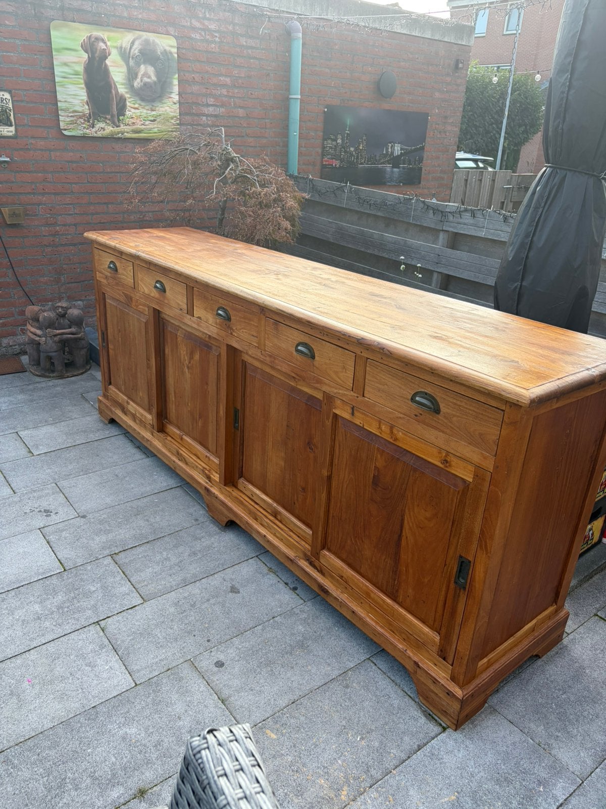 Dressoir teak 5 lades en schuifdeuren, Maison & Meubles, Teck, 200 cm ou plus, Enlèvement ou Envoi, Utilisé