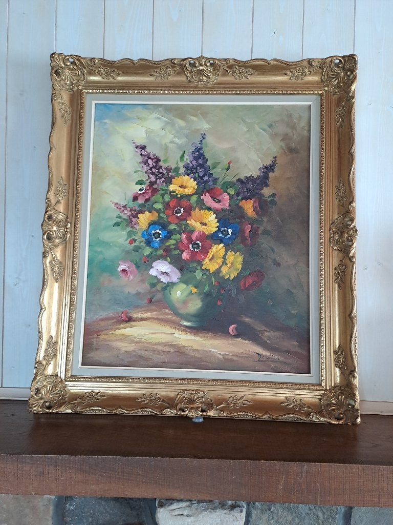 Cadre ancien en bois doré avec peinture à l'huile sur toile, Peinture à l'huile, Enlèvement, Fleurs, Toile