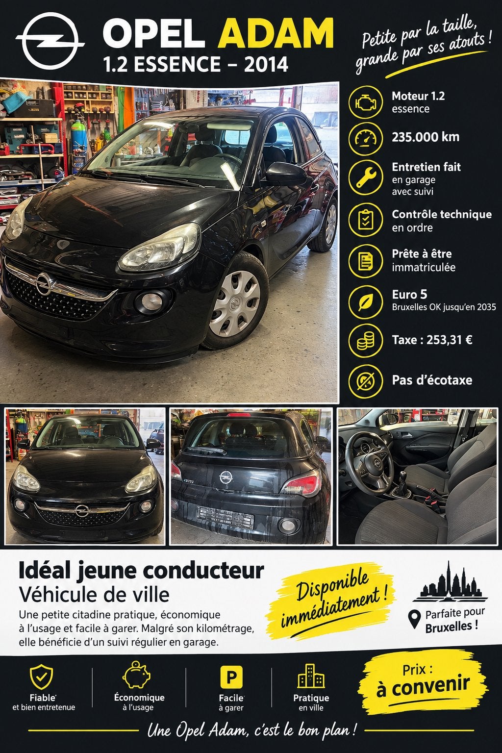Opel adam 1.2, Autos, Boîte manuelle, Noir, Particulier, Tissu