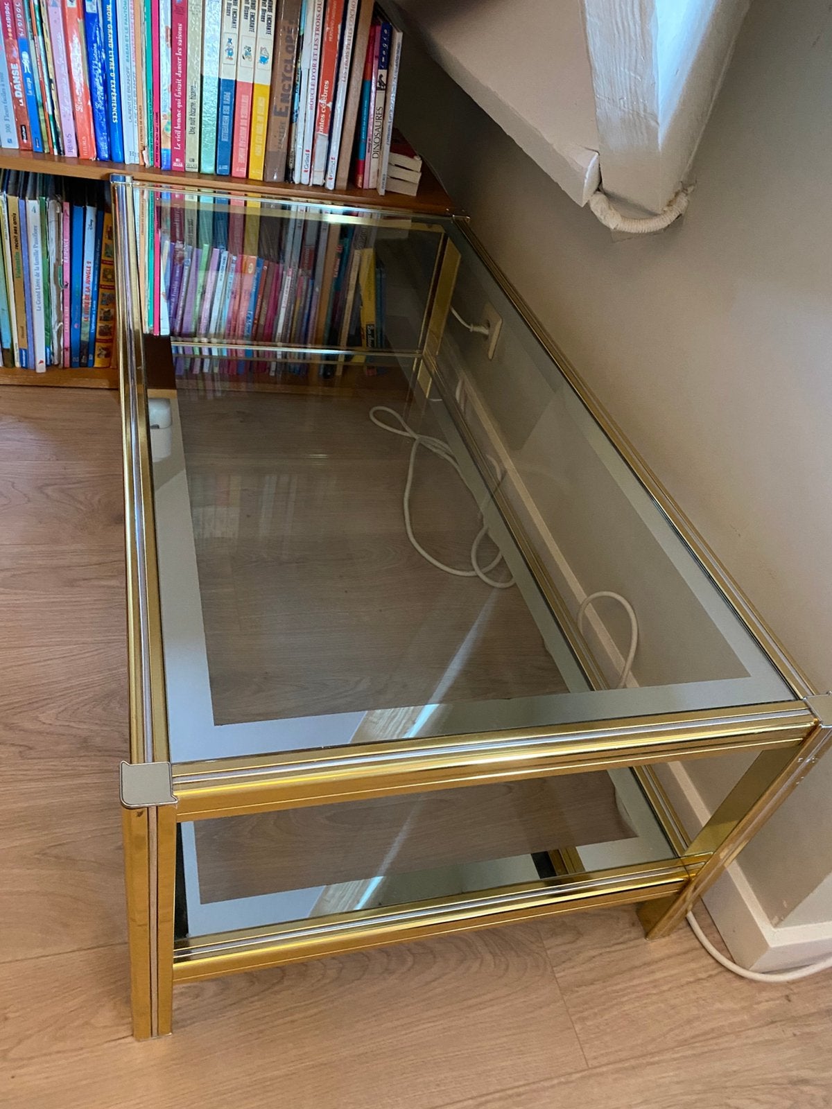 Salontafel voor de woonkamer van glas en goud, Ophalen, Gebruikt, 100 tot 150 cm, 50 tot 100 cm