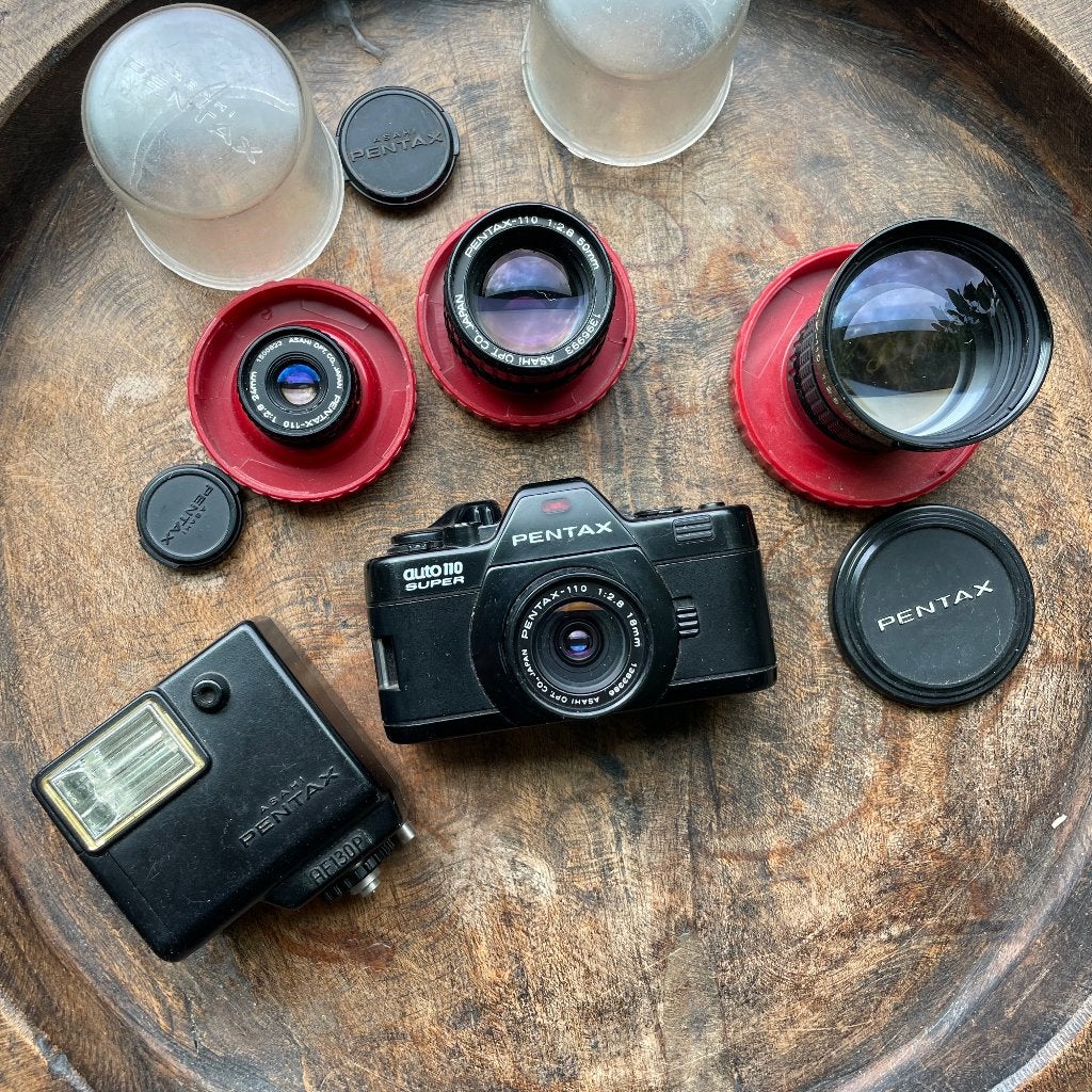 Pentax Auto 110 Super. Complete set 4 objectieven +flits, Ophalen of Verzenden, Gebruikt, Overige typen
