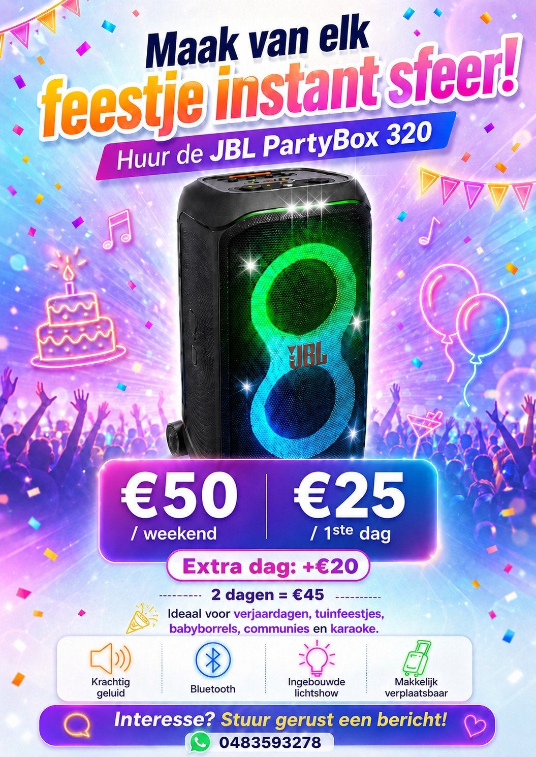 JBL PartyBox 320 À LOUER Boîte de réception avec haut-parleu, Enlèvement ou Envoi