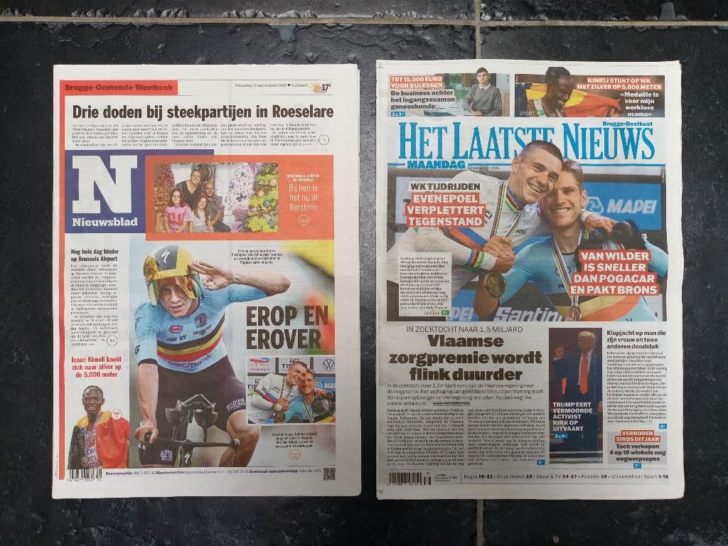 Remco Evenepoel - wereldkampioen tijdrijden 2025 (2 kranten), Verzenden, Zo goed als nieuw, Krant