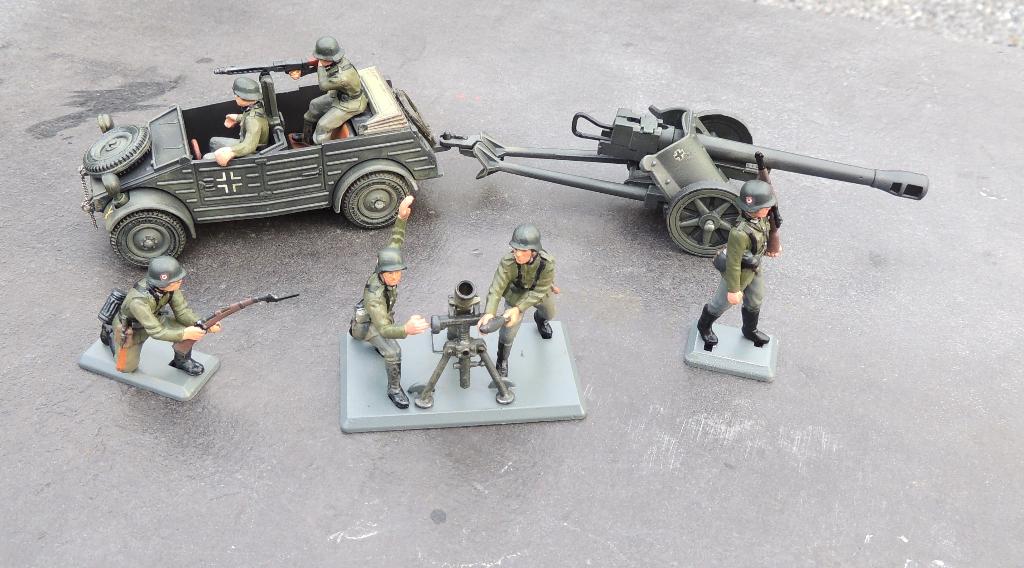 Britains Deetails, Kubelwagen, Pak40 et mortier + soldats, Collections, Envoi, Armée de terre, Miniature ou Figurine