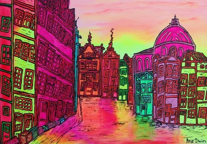 Kunsthandel Gennep - "Amsterdam Stroomarket", Enlèvement ou Envoi, Signé, Peinture acrylique