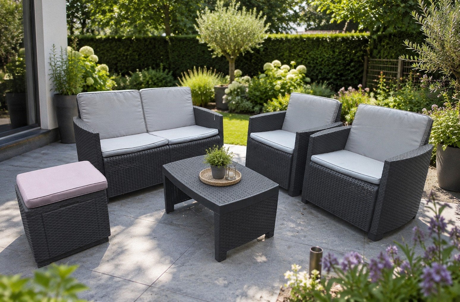 Salon de jardin en plastique tressé – 5 places, Tuin en Terras, Tuinsets en Loungesets, Ophalen, 5 zitplaatsen, Kunststof, Gebruikt