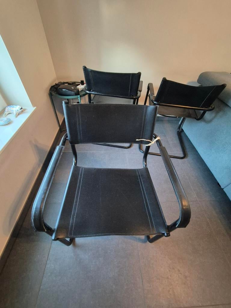 Mart Stam stijl fauteuil – zwart leer - 3 stuks, Huis en Inrichting, Stoelen, Ophalen, Zwart, Leer