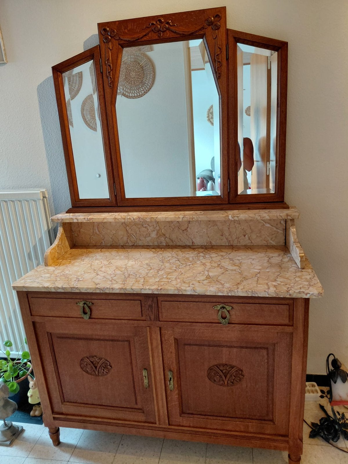 antieke commode met marmeren blad en drieluik spiegelopzet, Antiek en Kunst, Ophalen
