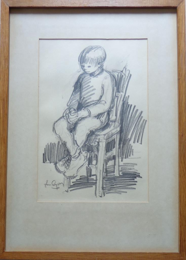 FREDDY VAN DYCK / ZITTENDE KNAAP / ORIGINEEL / 52x37cm KADER, Antiek en Kunst, Ophalen of Verzenden