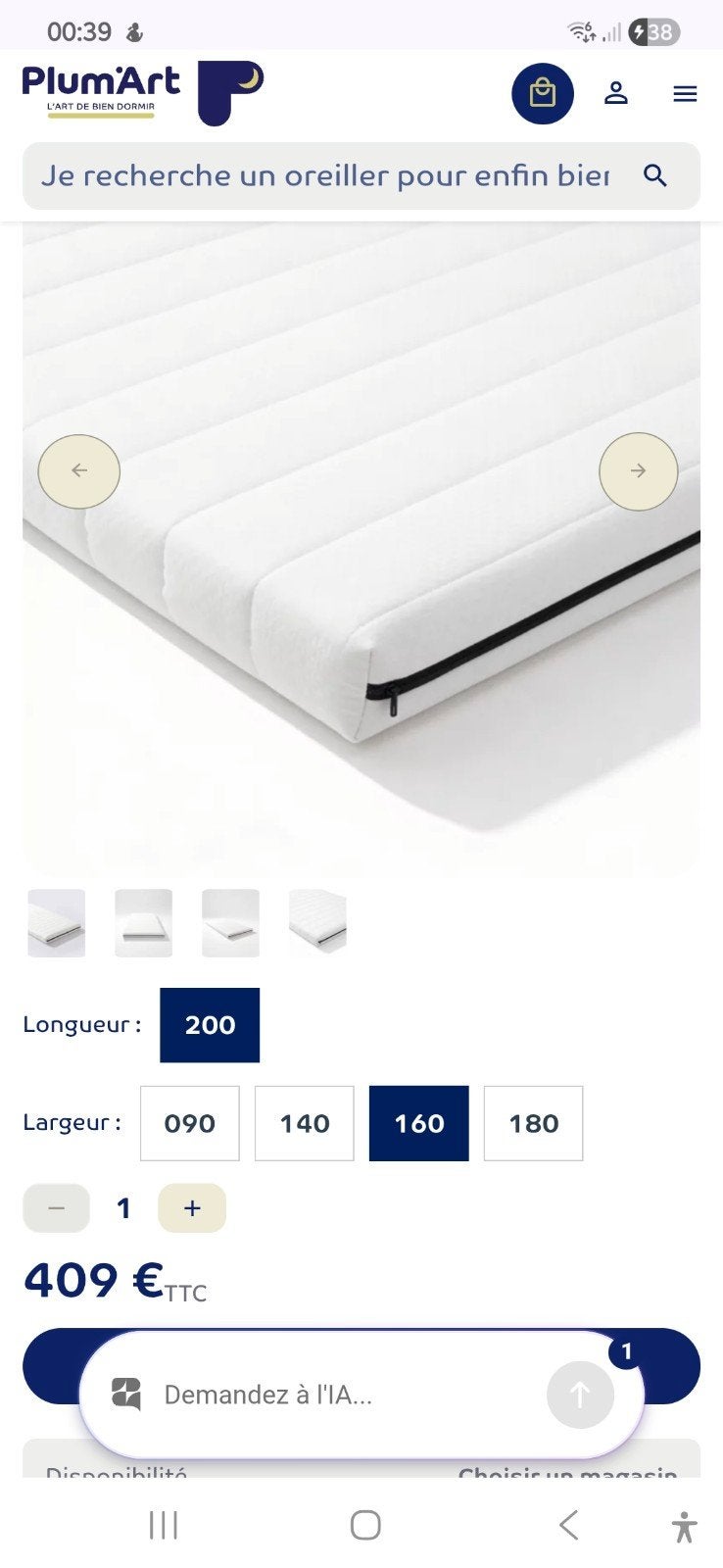 Surmatelas Neuf, modèle Atmos de chez plumart 160×200