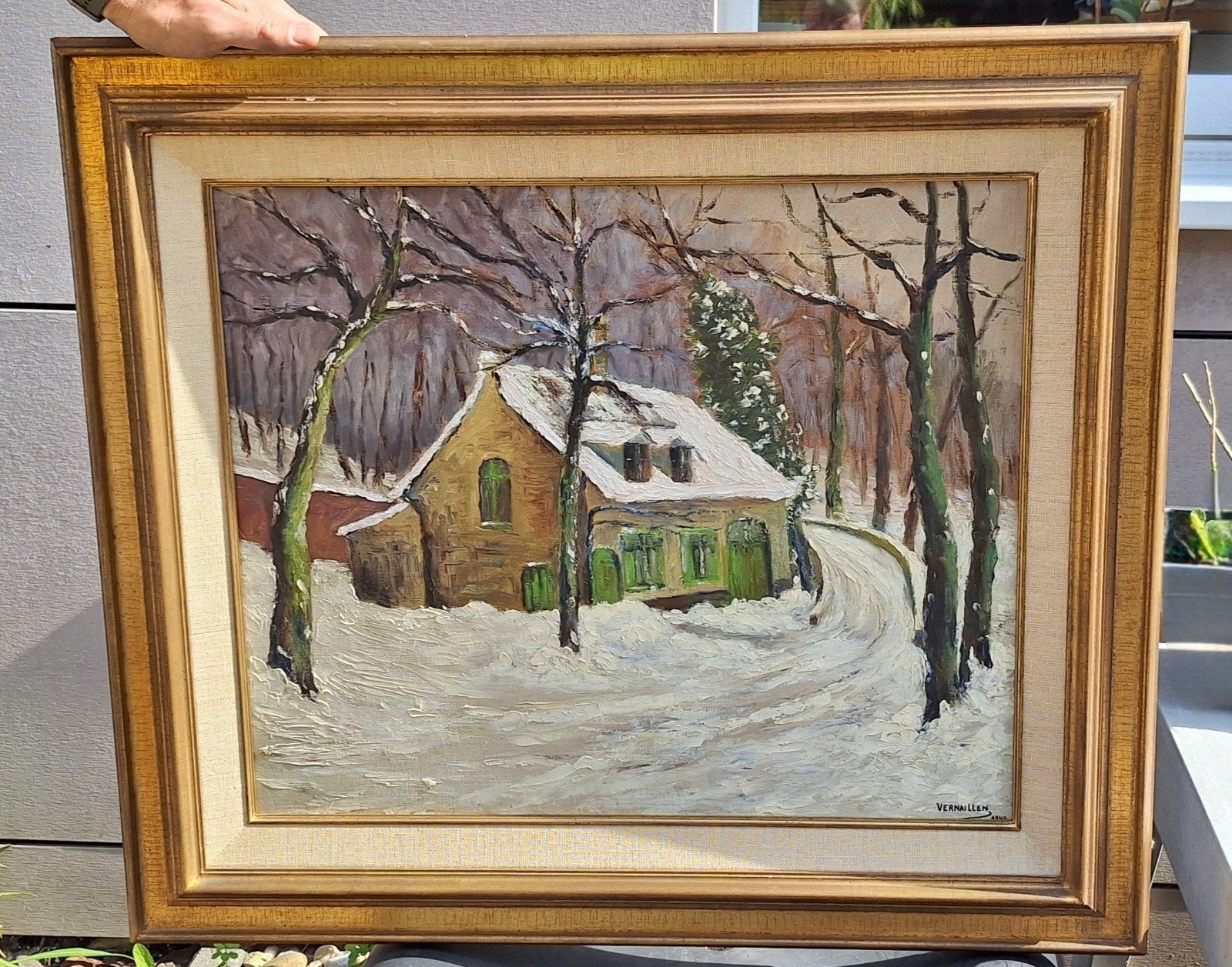 Tableau pittoresque maison sous la neige de Vernaillen, Enlèvement, Peinture à l'huile, Toile