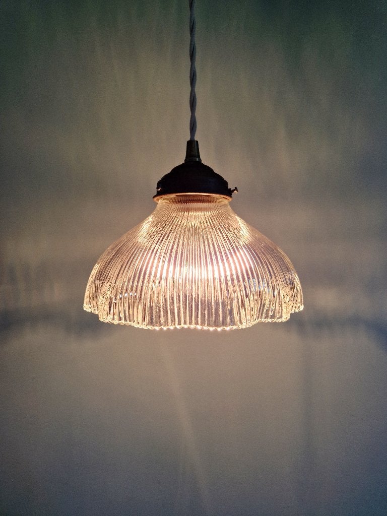 Art Deco hanglamp in transparant gegroefd glas, 1920-30, Ophalen of Verzenden
