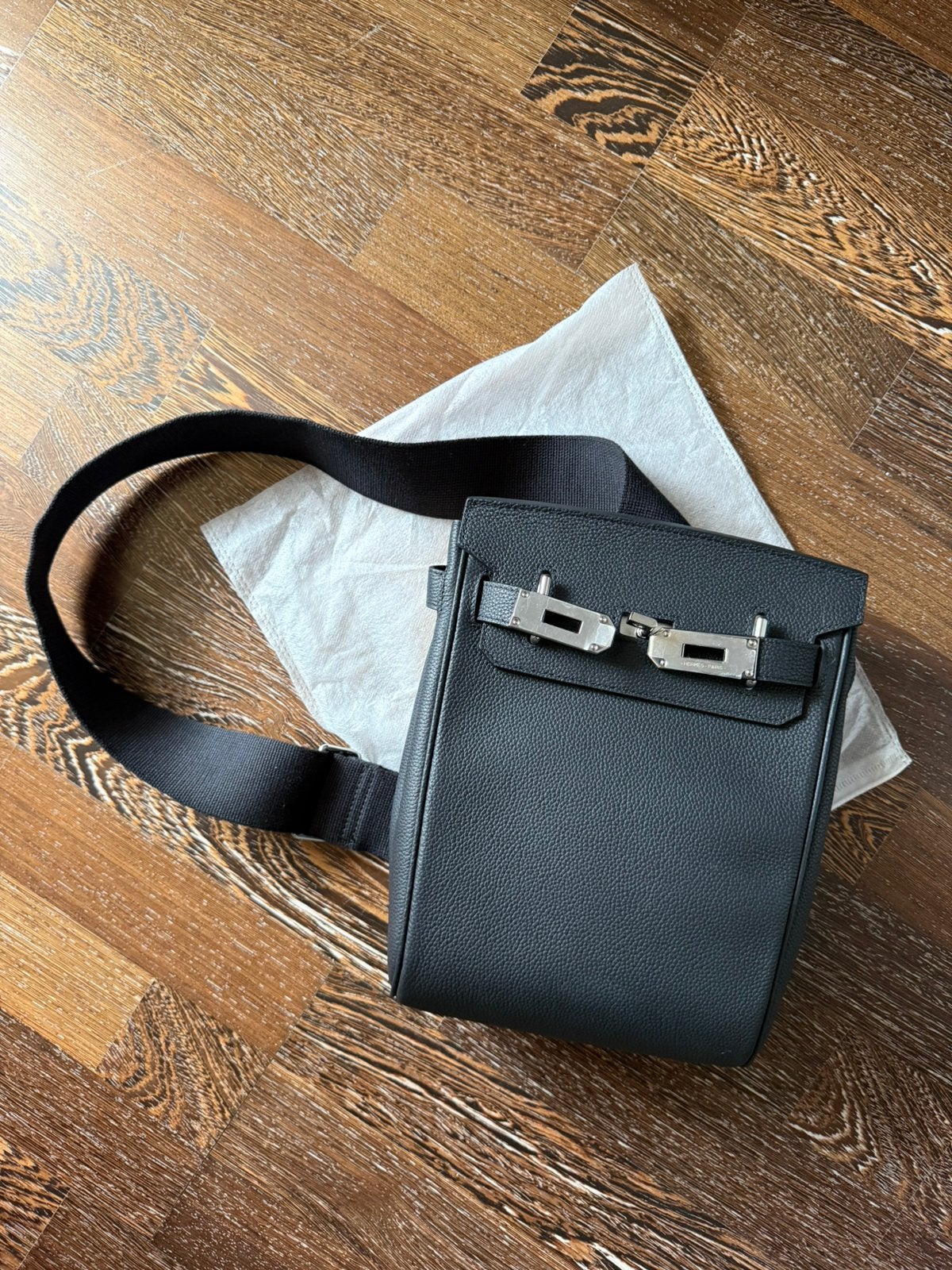 Hermès PM rugzak — Canvas en zwart Togo, Handtassen en Accessoires, Ophalen of Verzenden, Nieuw, Zwart, Leer